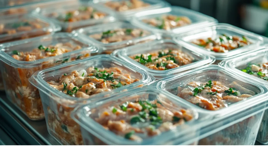 Frozen chicken dressing stored in meal prep containers