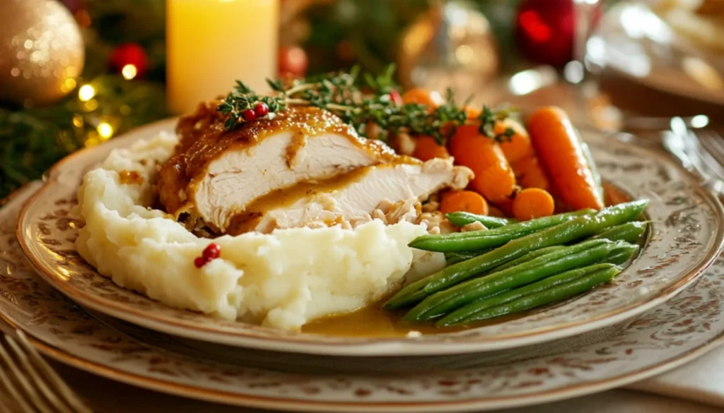 A plate of chicken dressing with roasted vegetables and mashed potatoes