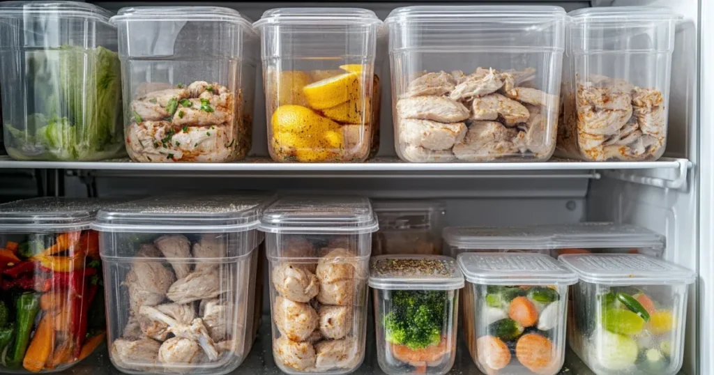 Leftover crockpot chicken stored in airtight containers in the refrigerator.