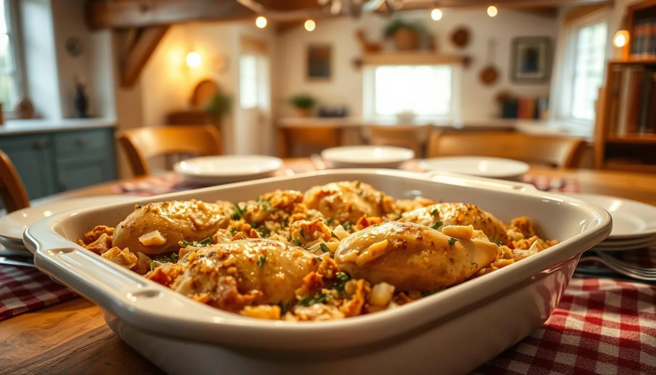 Homemade Southern chicken and dressing served on a rustic wooden table.