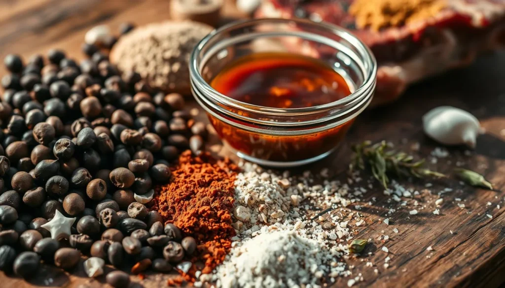 A variety of spices, seasonings, and marinades arranged for making the perfect rib rub.