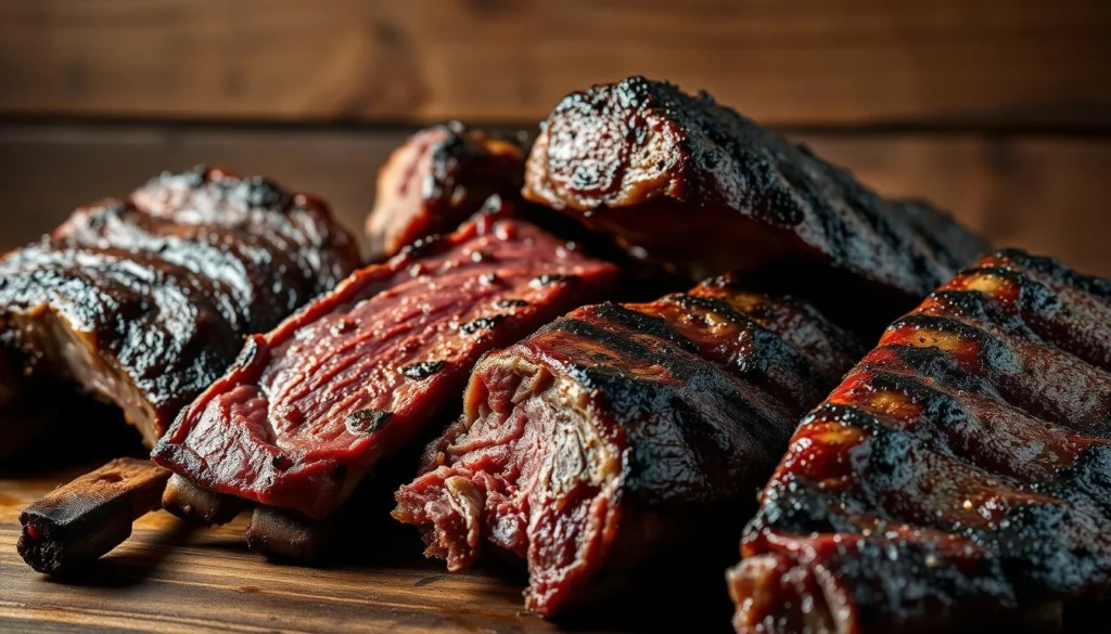 Various cuts of beef ribs, from short ribs to back ribs, displayed on a wooden butcher block.