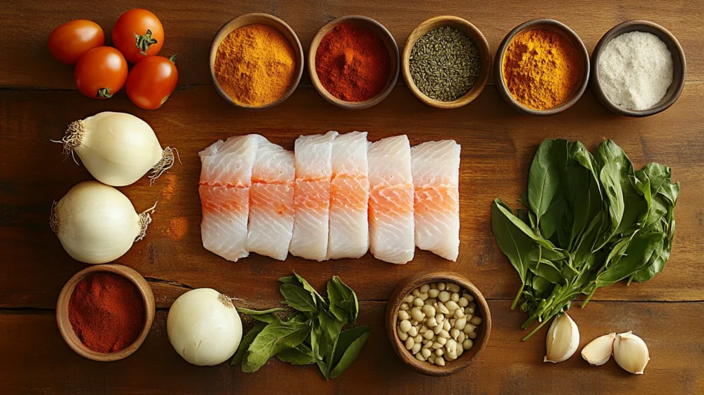 Fresh ingredients for making fish gravy Recipe, including spices, tomatoes, onions, and fresh fish fillets.