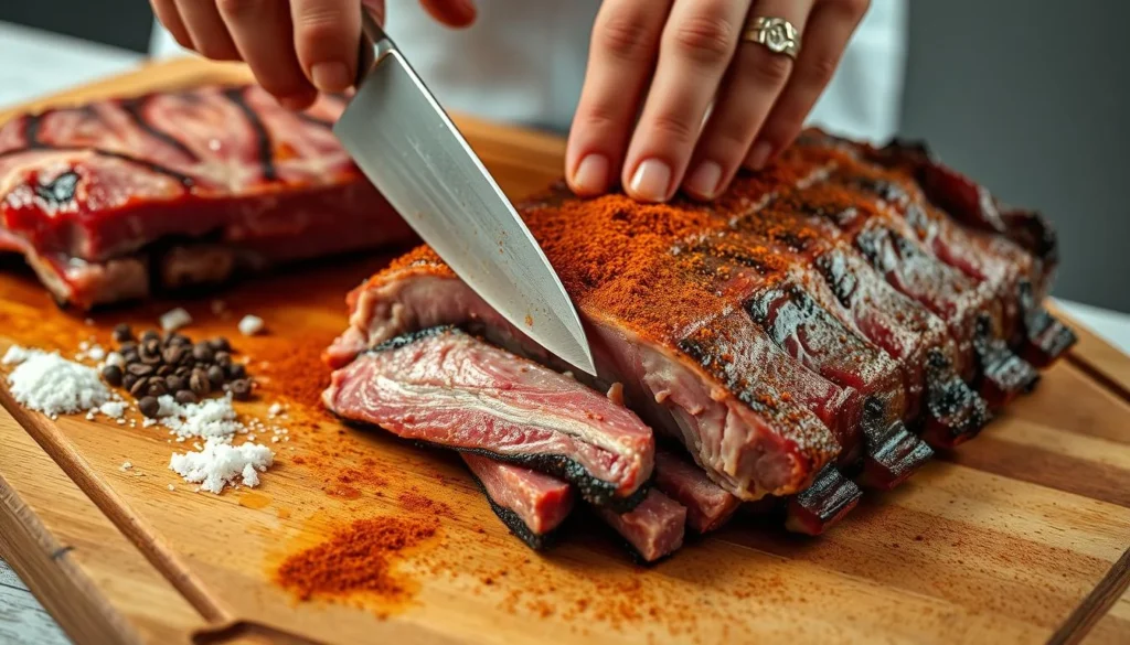 A chef preparing beef ribs, trimming excess fat and removing the silver skin membrane.