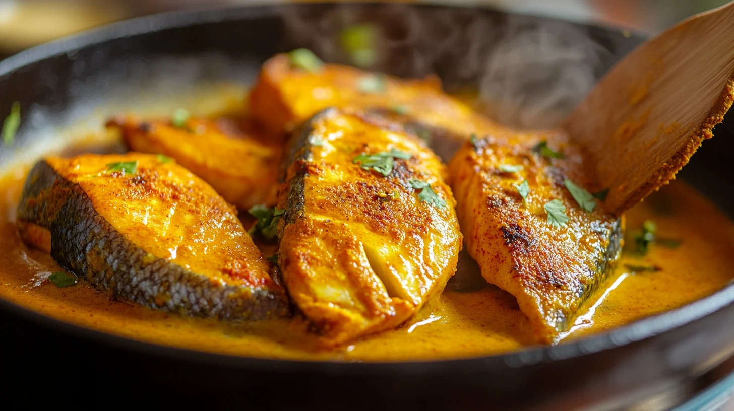 A bowl of rich and flavorful homemade fish gravy garnished with fresh herbs