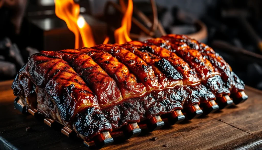 Beef ribs sizzling over an open flame with smoke rising.