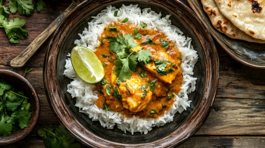 A plate of rice with fish gravy poured over, garnished with fresh coriander and lime wedges