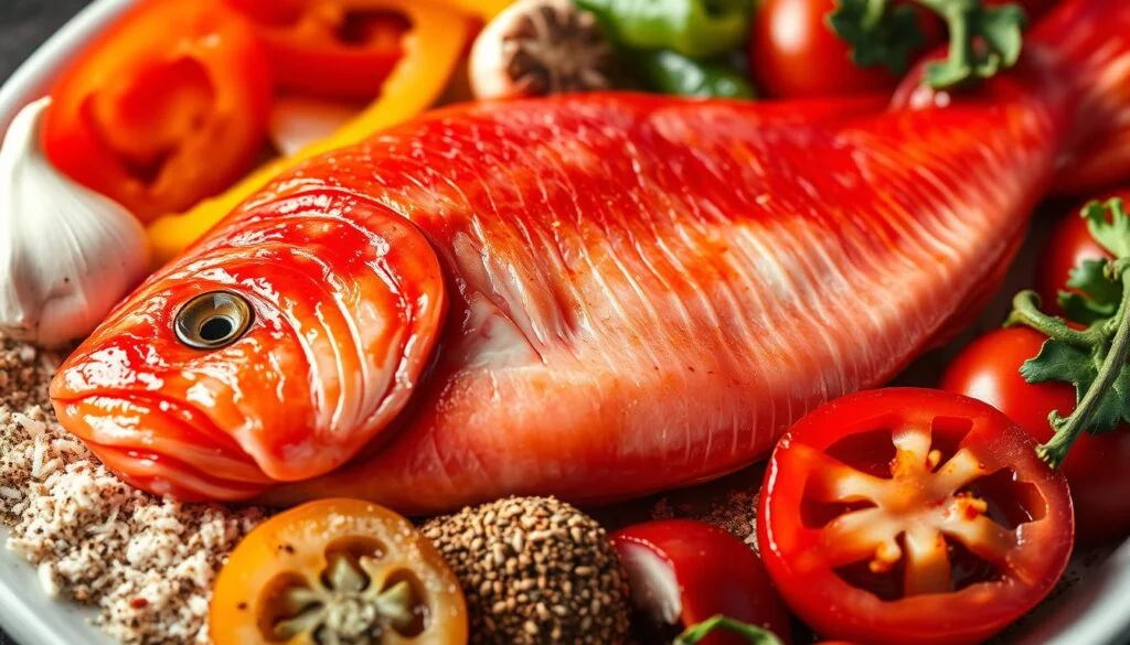 Fresh ingredients for a red fish dish, including spices, herbs, and lemon.