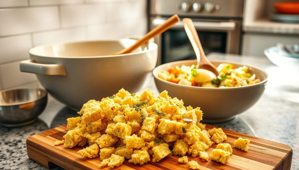 A casserole dish of cornbread dressing baking in the oven with a golden crust forming