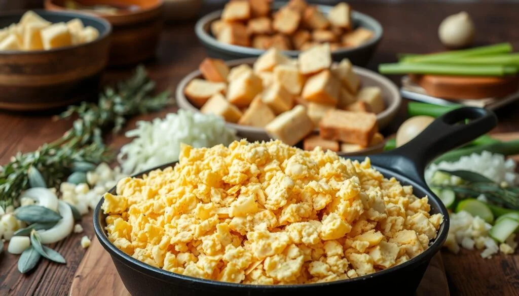 A bowl filled with cornbread, shredded chicken, herbs, and broth being mixed