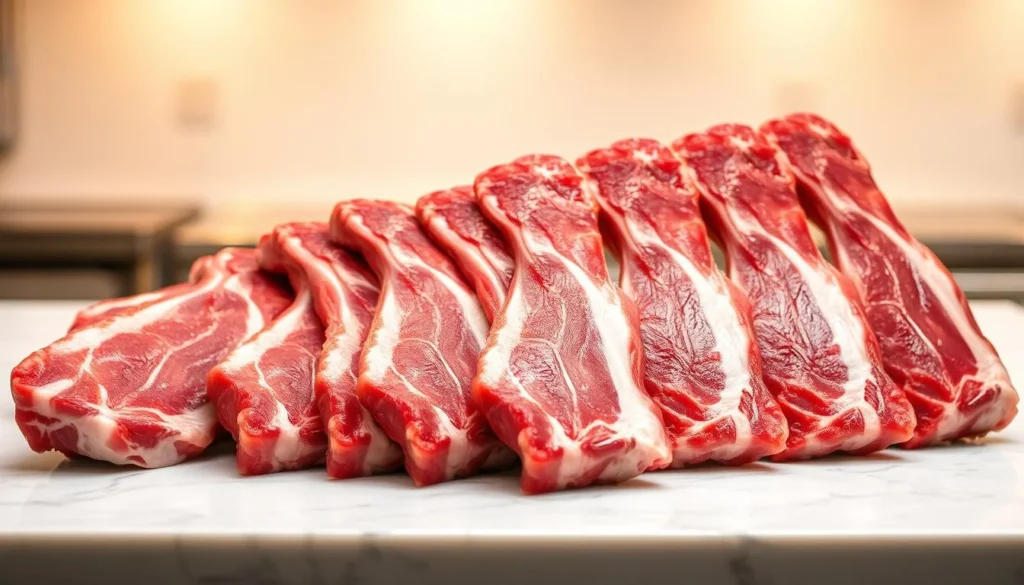 Fresh beef back ribs at a butcher shop display