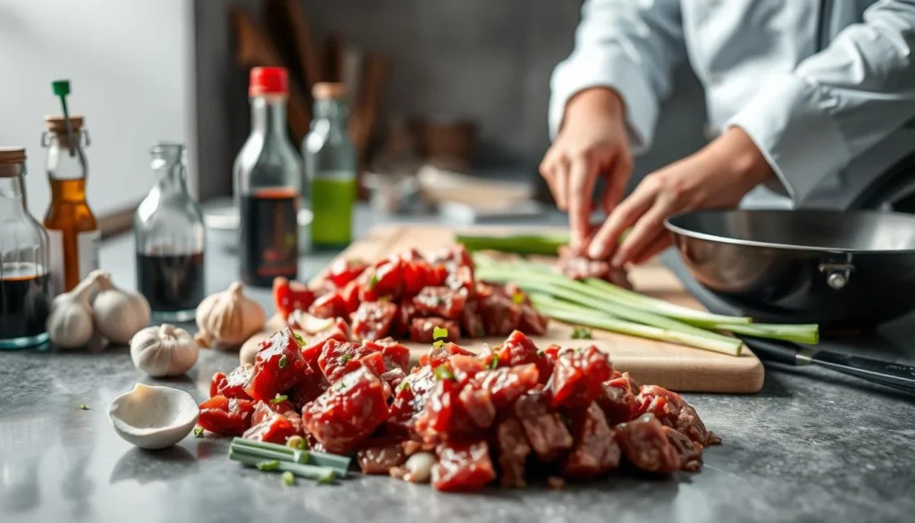 A plated Bo Luc Lac dish with vibrant garnishes and traditional sides