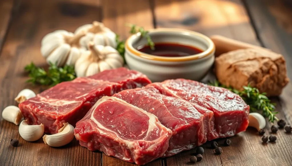 Fresh boneless beef short ribs surrounded by garlic, thyme, black pepper, and red wine on a rustic wooden board.