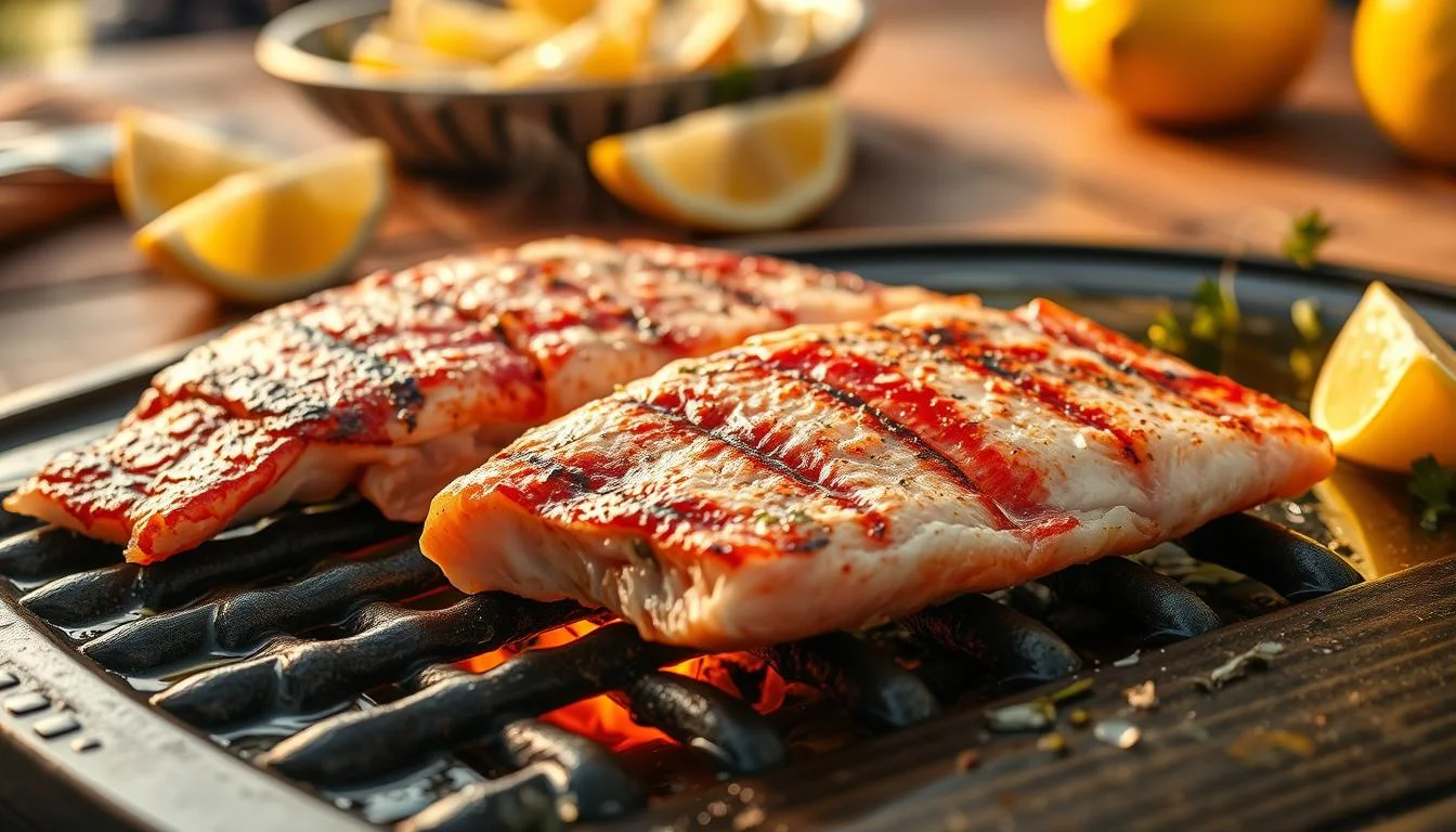 Grilled red fish fillet with a smoky charred crust.