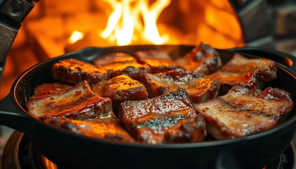 A Dutch oven filled with boneless beef short ribs simmering in a rich, red wine-based sauce