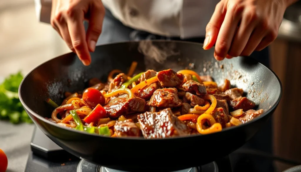 A chef searing beef cubes in a smoking hot pan, using the shaking technique