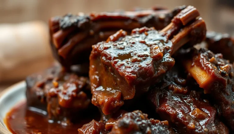 A close-up of tender boneless beef short ribs with a caramelized crust, simmered in a rich sauce.