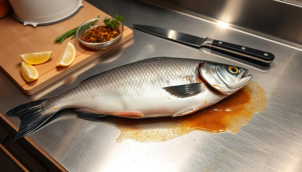 Fresh fish fillets being marinated with spices, herbs, and lemon on a wooden board