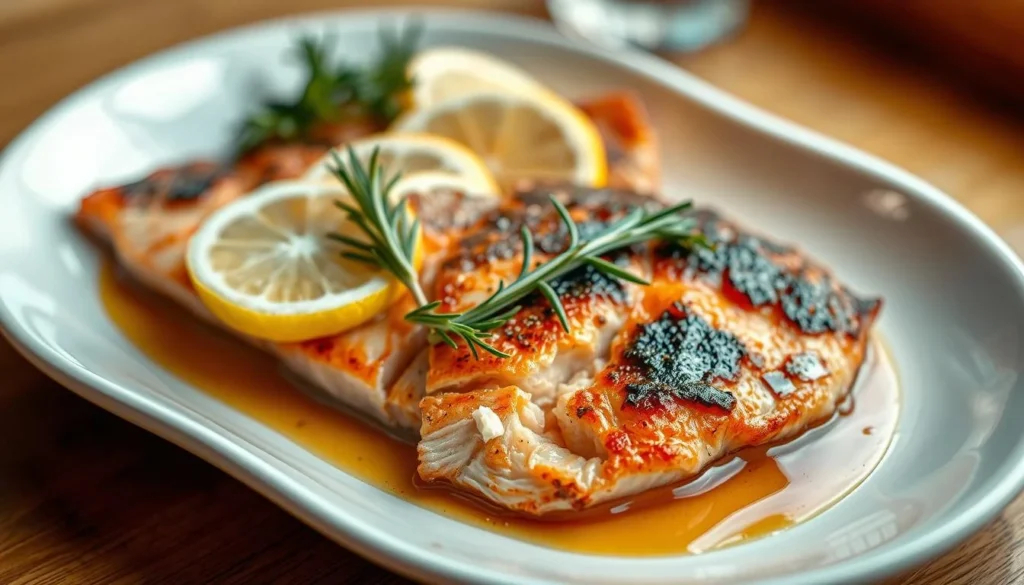  Baked red fish with garlic, lemon, and herbs.
