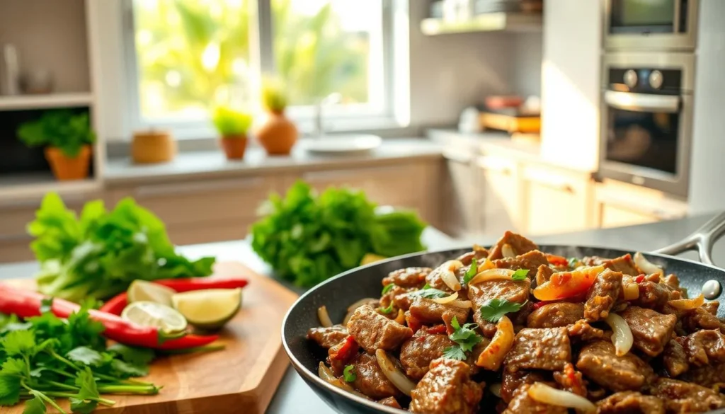 Vietnamese shaking beef recipe (Bo Luc Lac) served on a bed of greens with a side of rice and dipping sauce