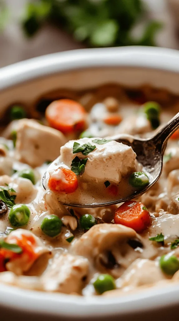 Close-up of a spoon lifting creamy chicken pot pie filling with chicken, peas, carrots, and onions